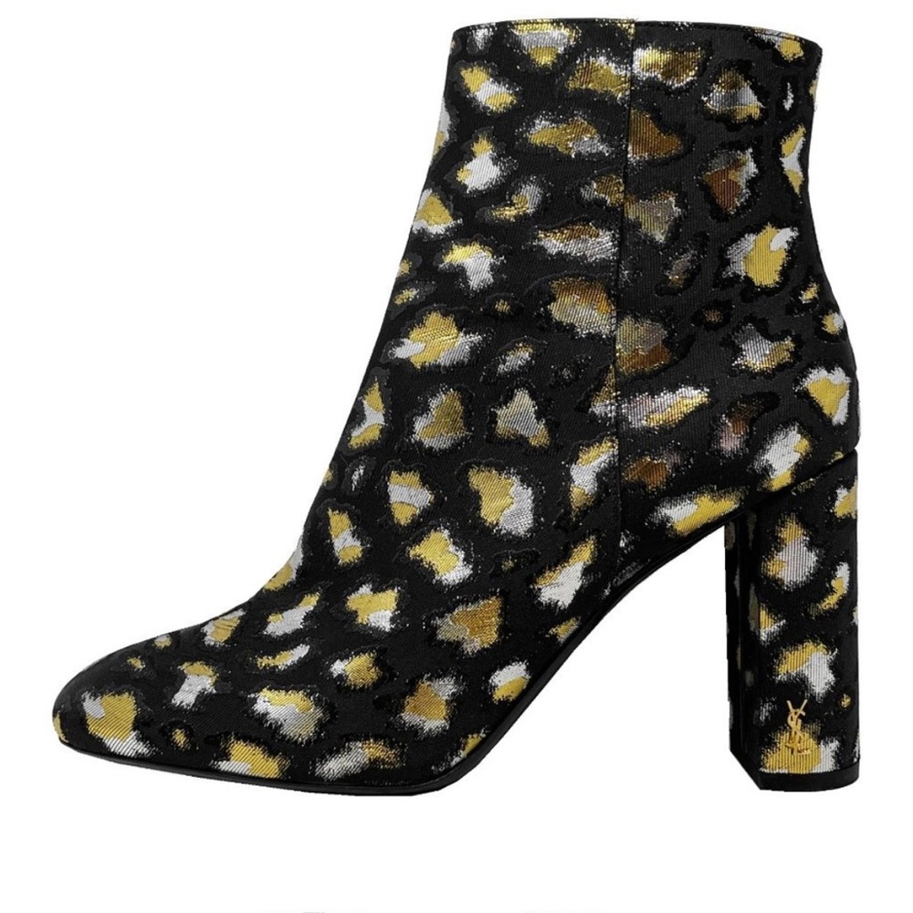 Saint Laurent Black And Gold Metallic Jacquard YSL Logo Loulou 95 Ankle Boots